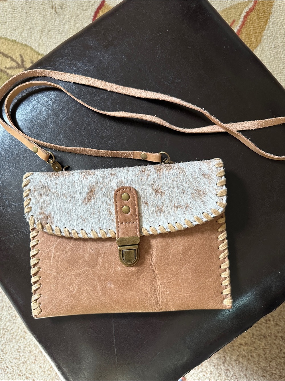 Brown Leather & Cream Cowhide Crossbody Bag